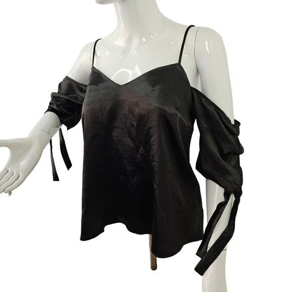 Silence & Noise Off Shoulder Top Women M Black Silky Shimmery Poly Open Back NWT - Picture 1 of 9